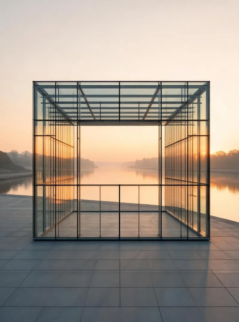 A glass cube structure with metal frames sits on a tiled platform overlooking a calm river at sunset, with soft golden light reflecting off the water and misty trees in the distance
