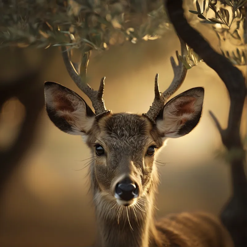 A young buck with small antlers looks directly at the camera while bathed in warm sunlight filtering through trees.