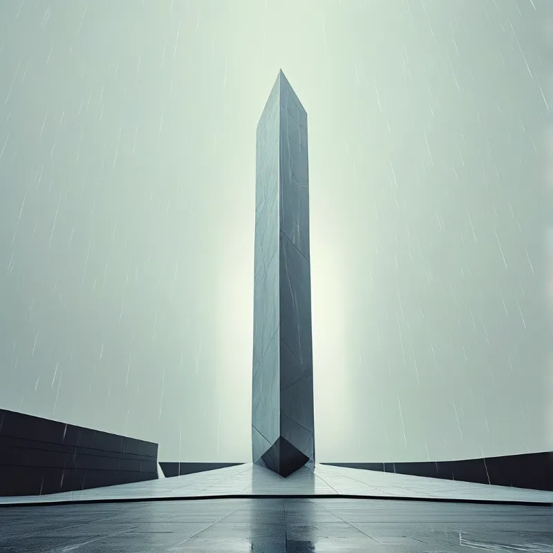 A tall grey stone monument stands vertically on a wet paved surface while rain falls steadily against a pale overcast sky.