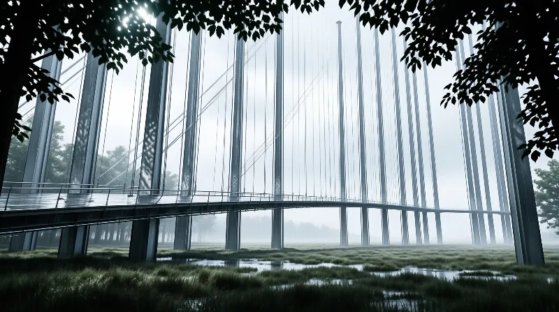 A towering bridge structure with vertical cables spans across a foggy wetland landscape framed by dark tree leaves at the top corners creating an ethereal atmosphere.