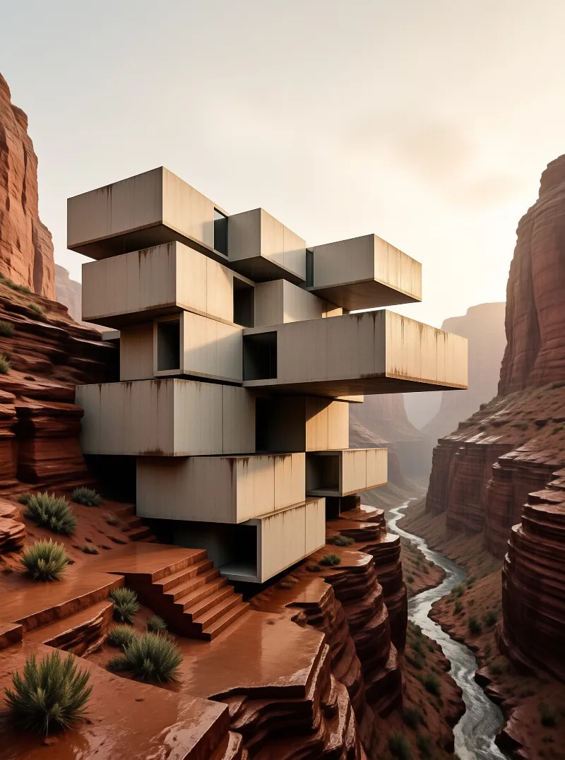 Cantilevered concrete cubes are stacked into a dwelling perched above a winding river in a red canyon.