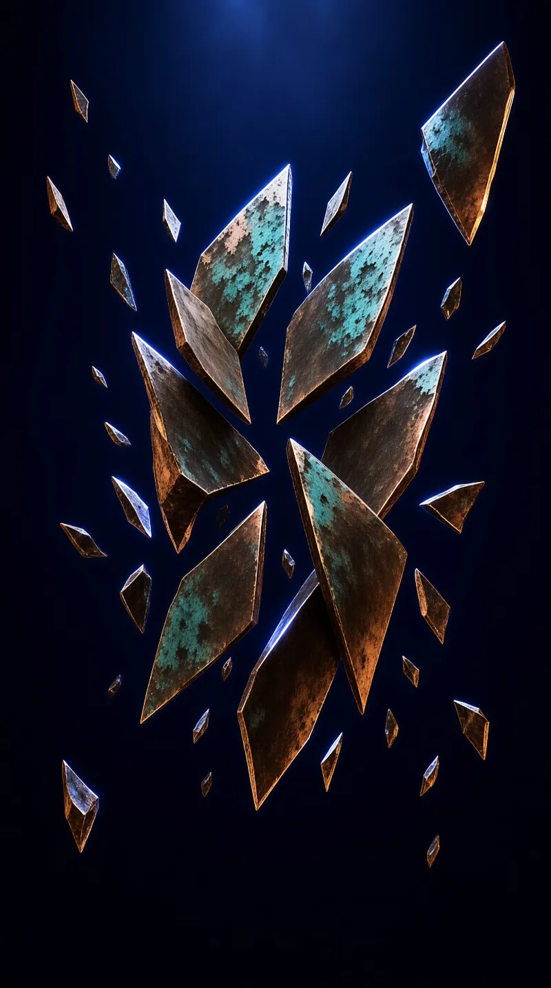 Broken bronze pieces with green spots float in a dark blue space with blue light outlining their sharp geometric edges.