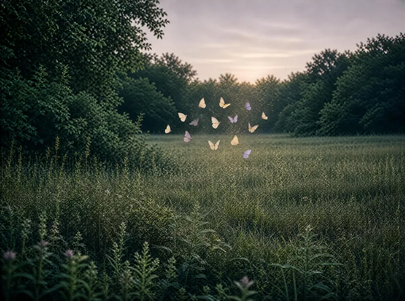 A cluster of yellow and purple butterflies floats above a tall grassy field bordered by dense green trees, bathed in soft golden light from the setting sun