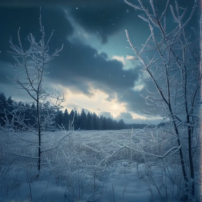 Bare branches dusted with frost frame a snowy field while sunlight breaks through clouds above a distant pine forest.