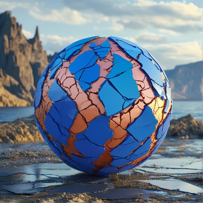 Cracked Blue Sphere on Beach