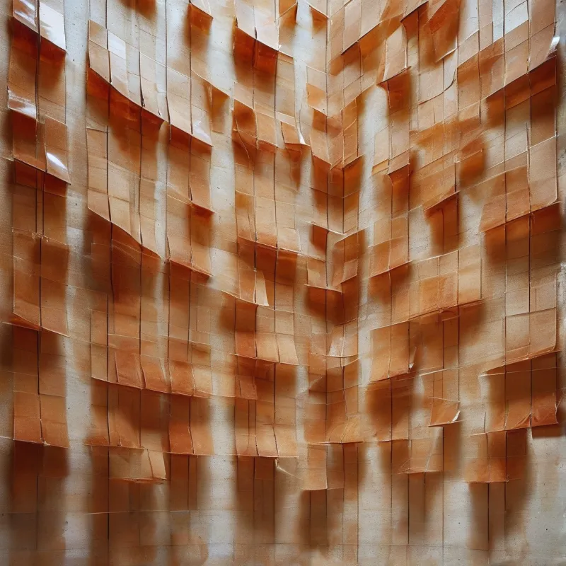 A repetitive pattern of folded tan paper rectangles casting soft directional shadows across a textured surface