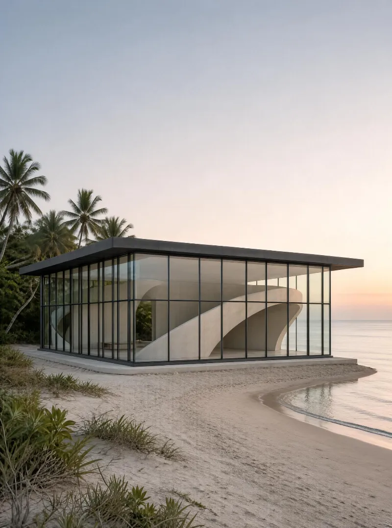 A modern glass-walled structure with a curved concrete spiral inside sits on a sandy beach at sunset, surrounded by palm trees and the calm ocean.