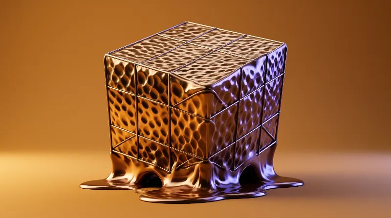 A dimpled bronze cube sits on a surface with its base flowing like liquid metal under warm lighting.