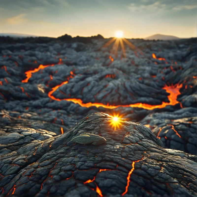 Glowing orange lava threads through dark cracked rock toward a setting sun on the horizon.