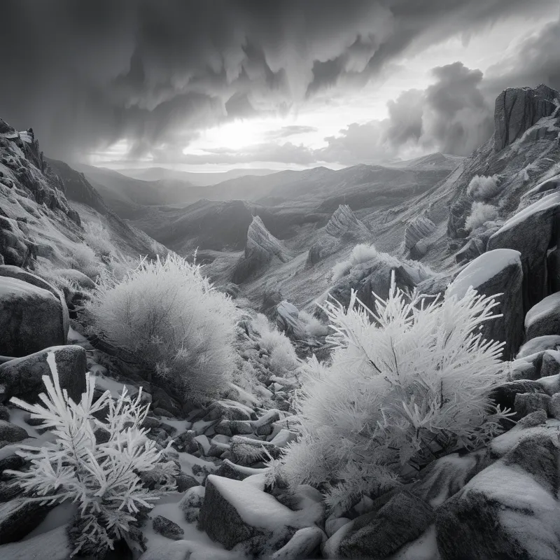 A black and white view over snow dusted boulders and frosted shrubs toward rolling ridges under stormy skies.