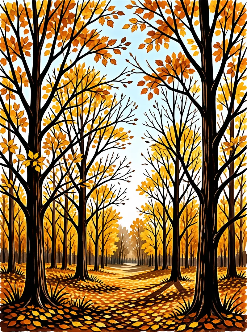 A stylized illustration depicts tall trees with vibrant yellow leaves framing a path that recedes into the distance.