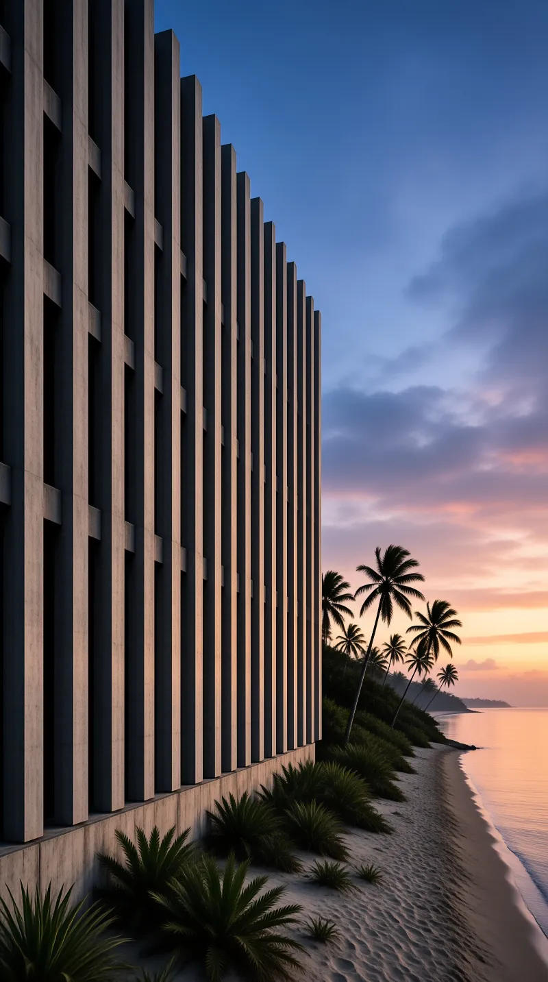 A tall structure with vertical ribbing sits beside a sandy shore lined with palm trees during the evening.