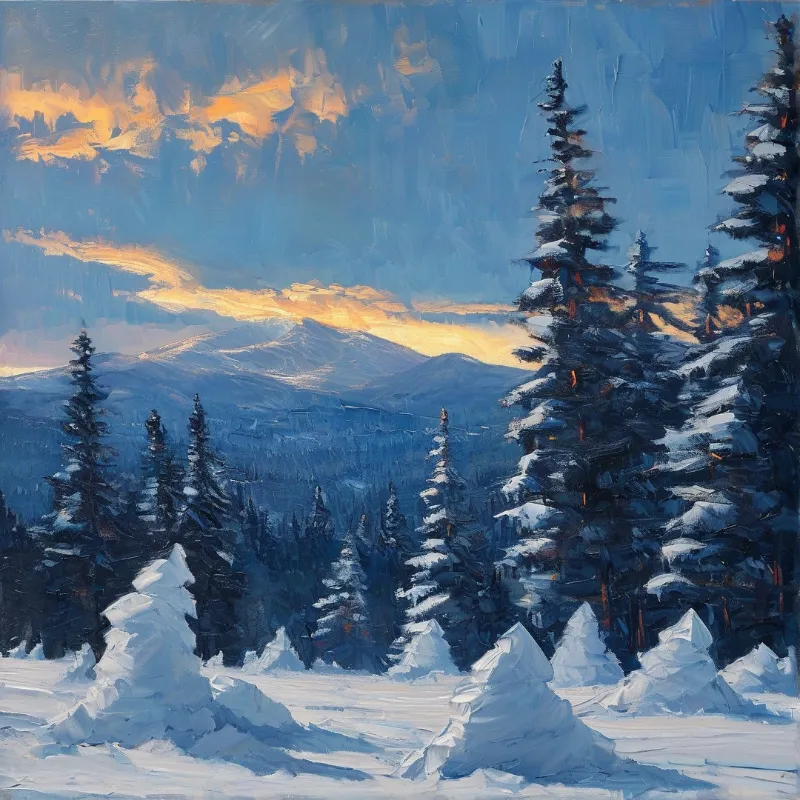 An oil painting of thick snow on dark conifers with rolling blue mountains beneath radiant orange sunset clouds.