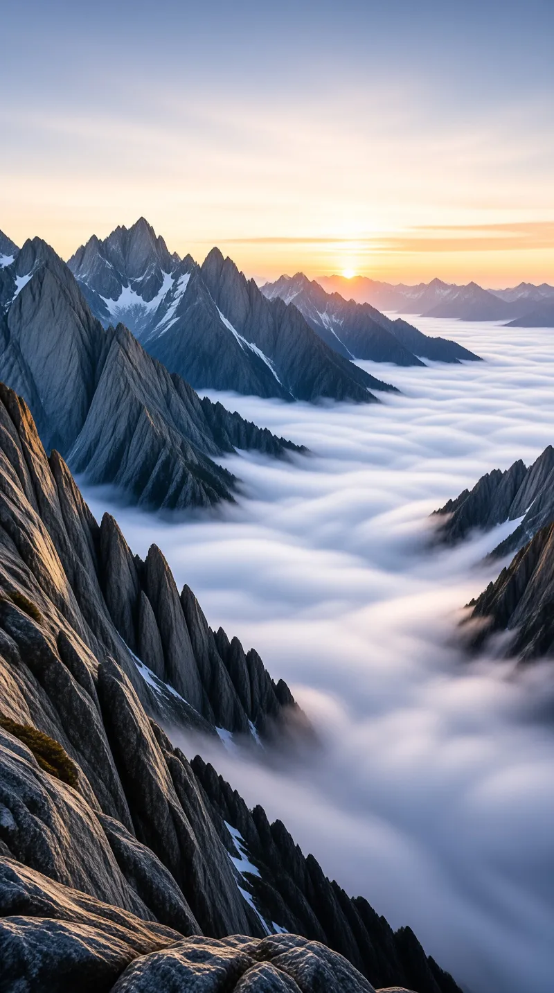 Sharp rocky peaks rise from a thick valley fog while the sun glows softly on the horizon behind the distant range.