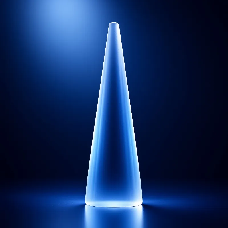 A frosted glass cone stands lit from within against a deep cobalt backdrop, its base pooling soft light.