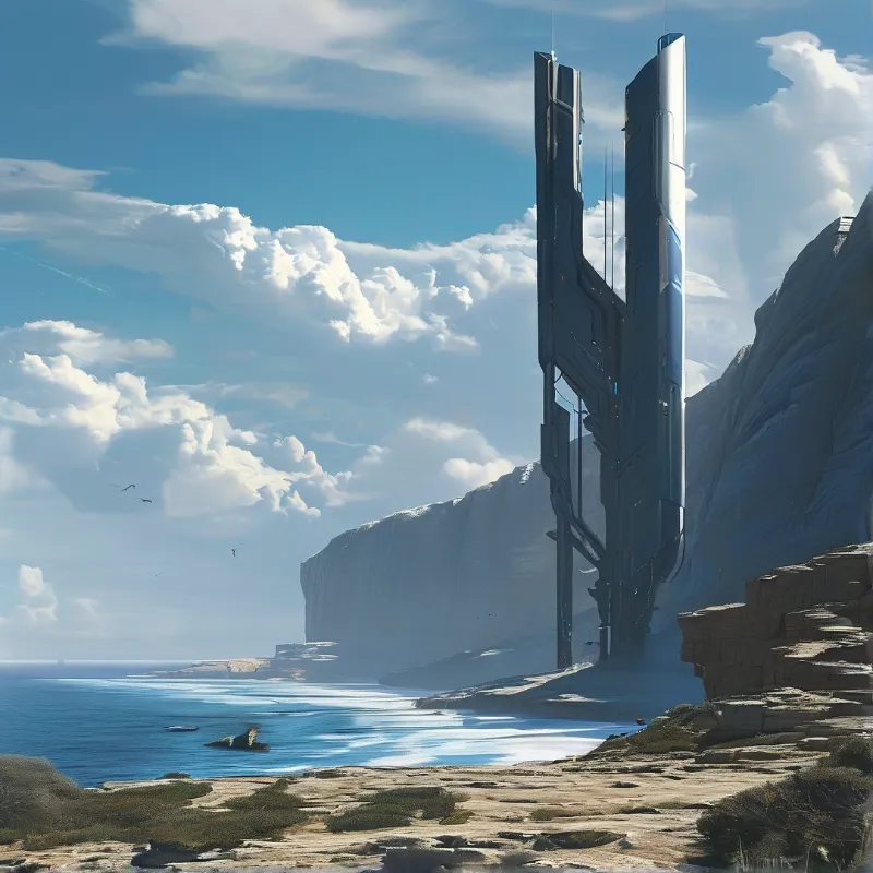 A sleek futuristic vertical space elevator rises from a rocky coastal cliff beside bright blue ocean waters, lit by clear daylight against a partly cloudy sky.