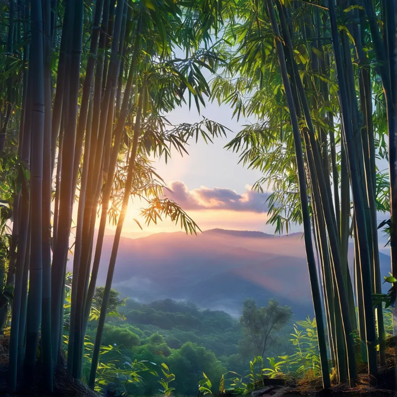 Tall green bamboo stalks frame a view of misty mountains bathed in warm golden sunlight during sunset.