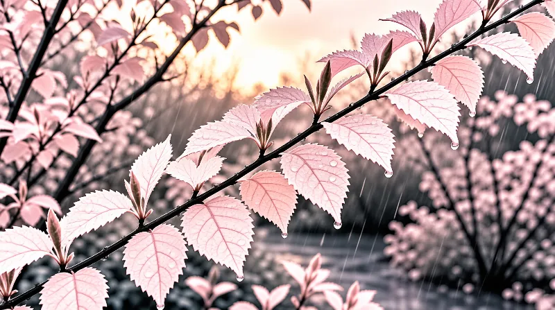 A branch of pink leaves covered in water droplets glows against a soft, blurred sunset during light rain.
