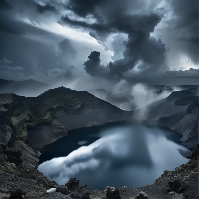 A dark volcanic crater lake sits within stratified rock walls while heavy storm clouds swirl overhead in dim light.