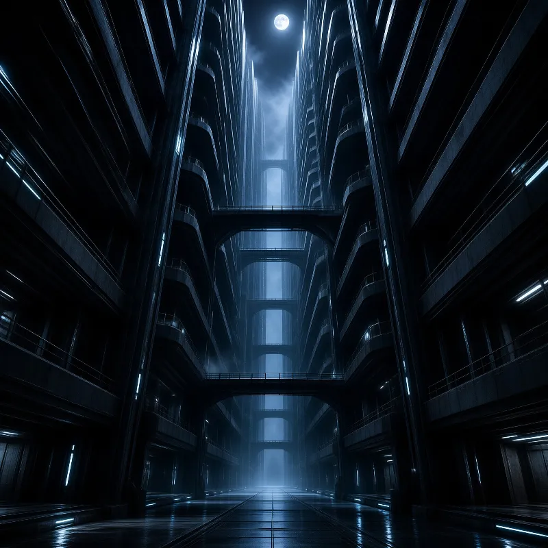A vast corridor of dark brutalist towers linked by repeating arches under a full moon in the narrow sky gap above.