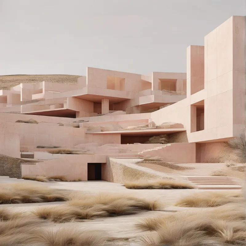 A massive pink building complex rises from a dry hillside surrounded by feathery grasses under hazy conditions.