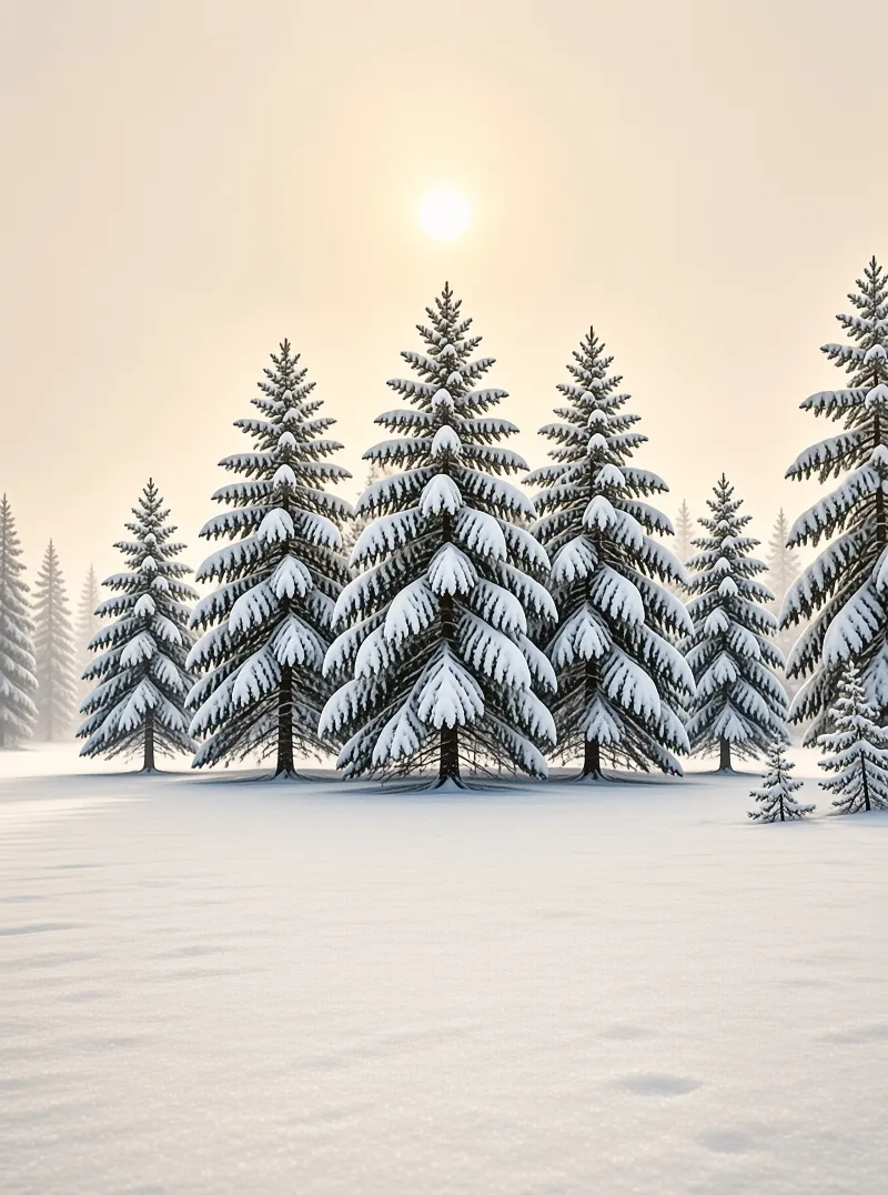 Tall spruce trees dusted with white snow stand in a field illuminated by a warm glowing sun low in the sky.
