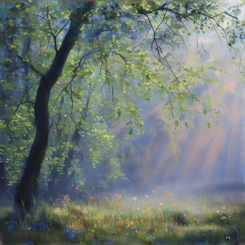 A dark curving oak stands at the edge of a sunlit foggy forest with wildflowers blooming in the foreground under pale dappled light.