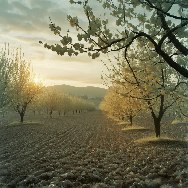 Rows of orchard trees lead the eye toward a rising sun over hills casting warm light and shadows across the field.