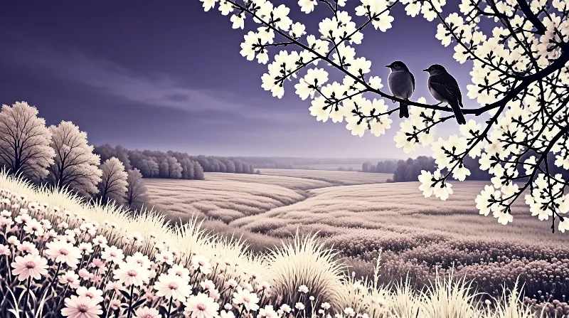 Two small birds perch on a white blossoming branch framing a wide purple landscape of fields and trees.