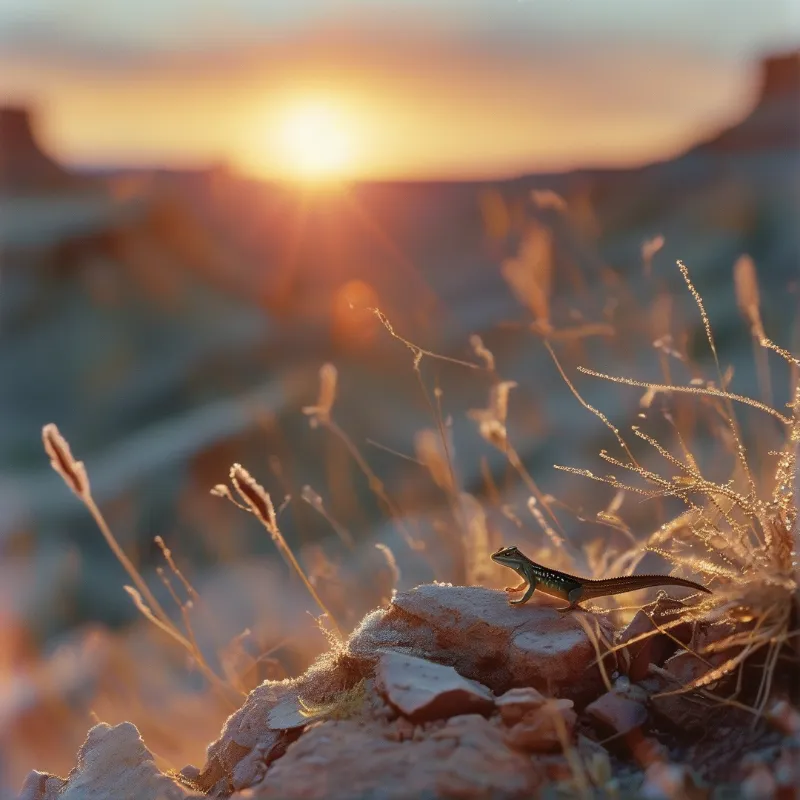 A small reptile stands on stone surrounded by dry grasses while bright sunlight shines from behind creating an orange glow.