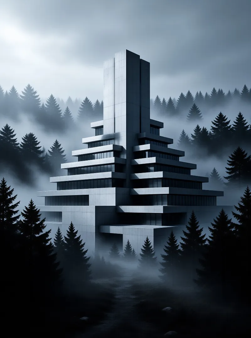 A tiered concrete monument rises from a foggy landscape filled with dark pine trees and soft blue light.