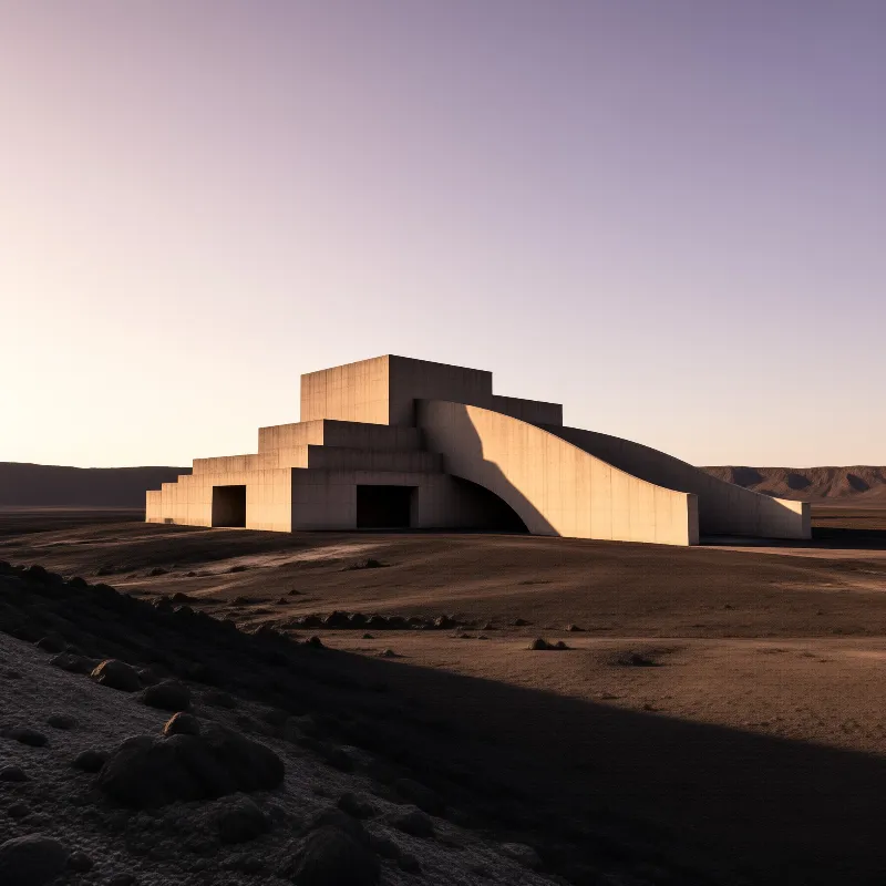 A monumental concrete structure with curved arches sits in an open desert landscape bathed in soft golden light.