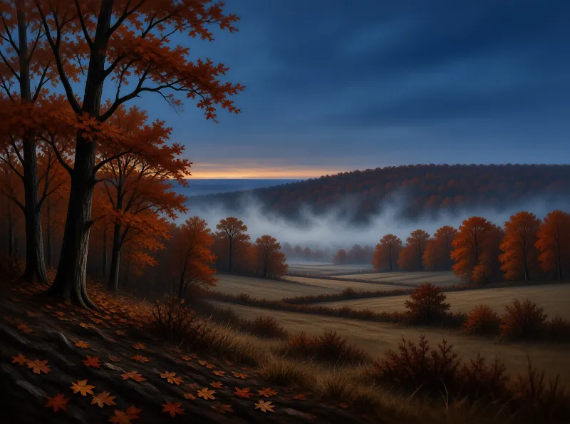 A landscape view shows orange autumn trees lining a foggy valley during the blue hour of dawn.