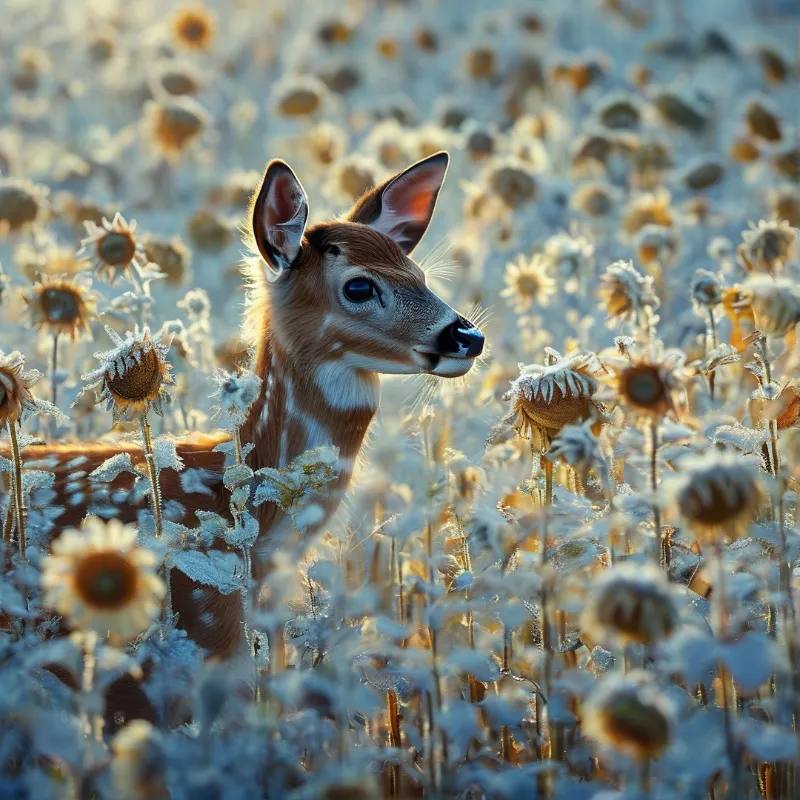 A spotted young deer looks sideways from a field of dried flowers covered in thick morning frost under soft sunlight.