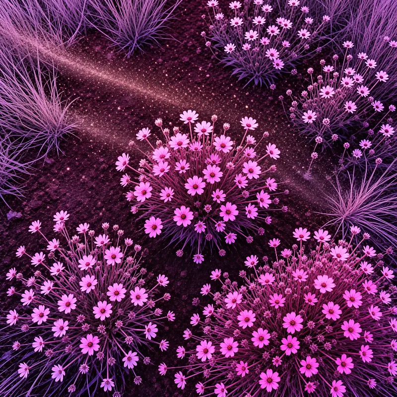 Pink cosmos flower clusters grow among purple grass tufts on dark soil beneath a sparkling dust effect.