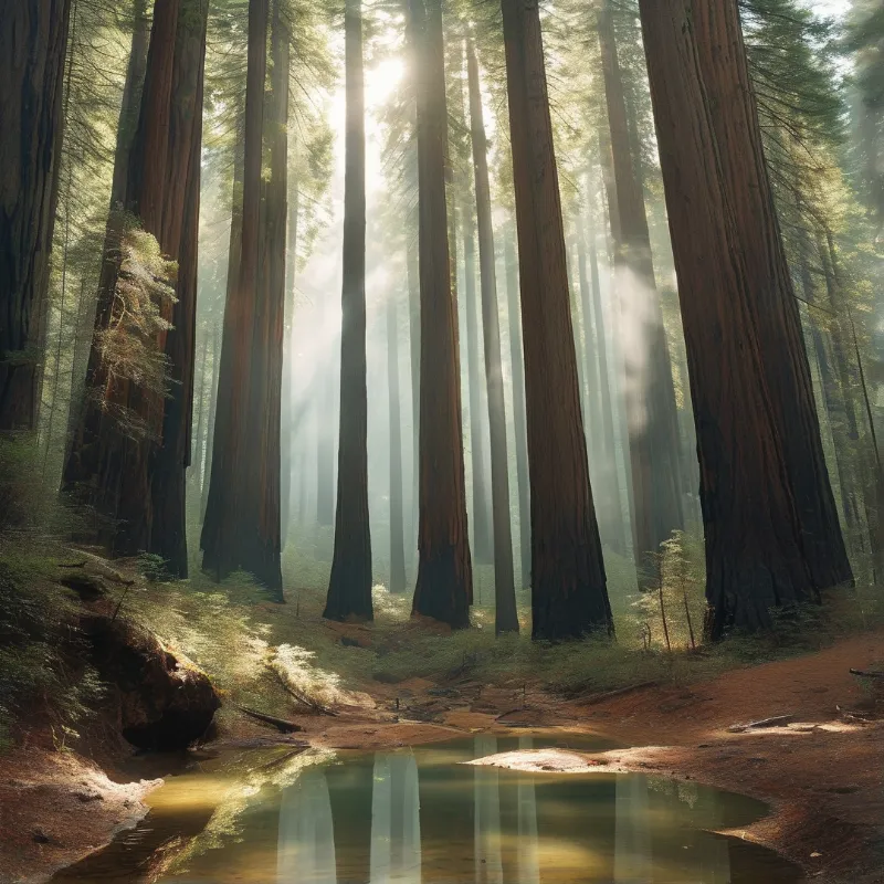 Tall reddish tree trunks flank a calm stream reflecting golden sunbeams filtering through the misty forest canopy above.