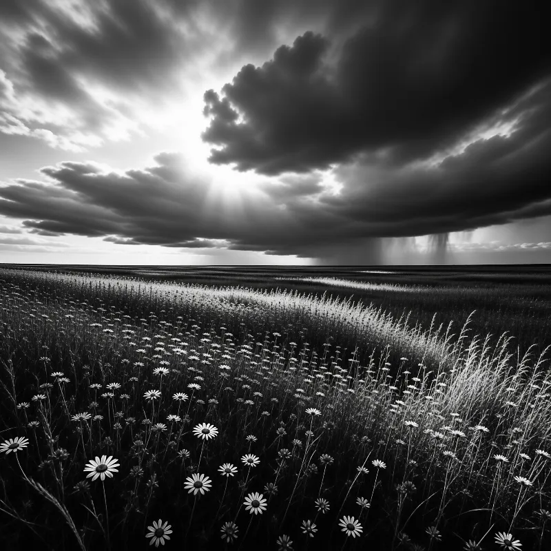 Daisies line the foreground as storm clouds part to show sunbeams lighting the vast grassy plain.