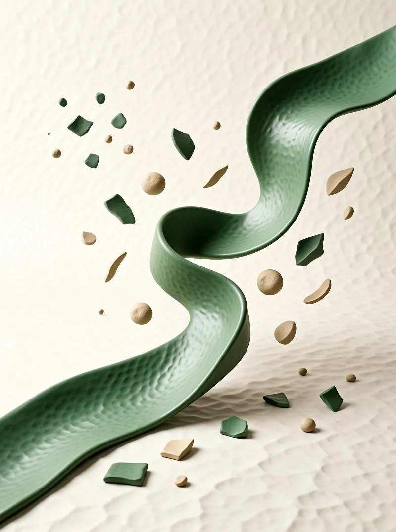 A curved green ribbon with a dimpled texture rests on a beige textured surface surrounded by small geometric shapes