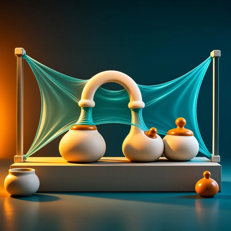 White geometric forms with orange lids sit on a platform beneath a taut blue fabric sheet lit by warm side lighting.