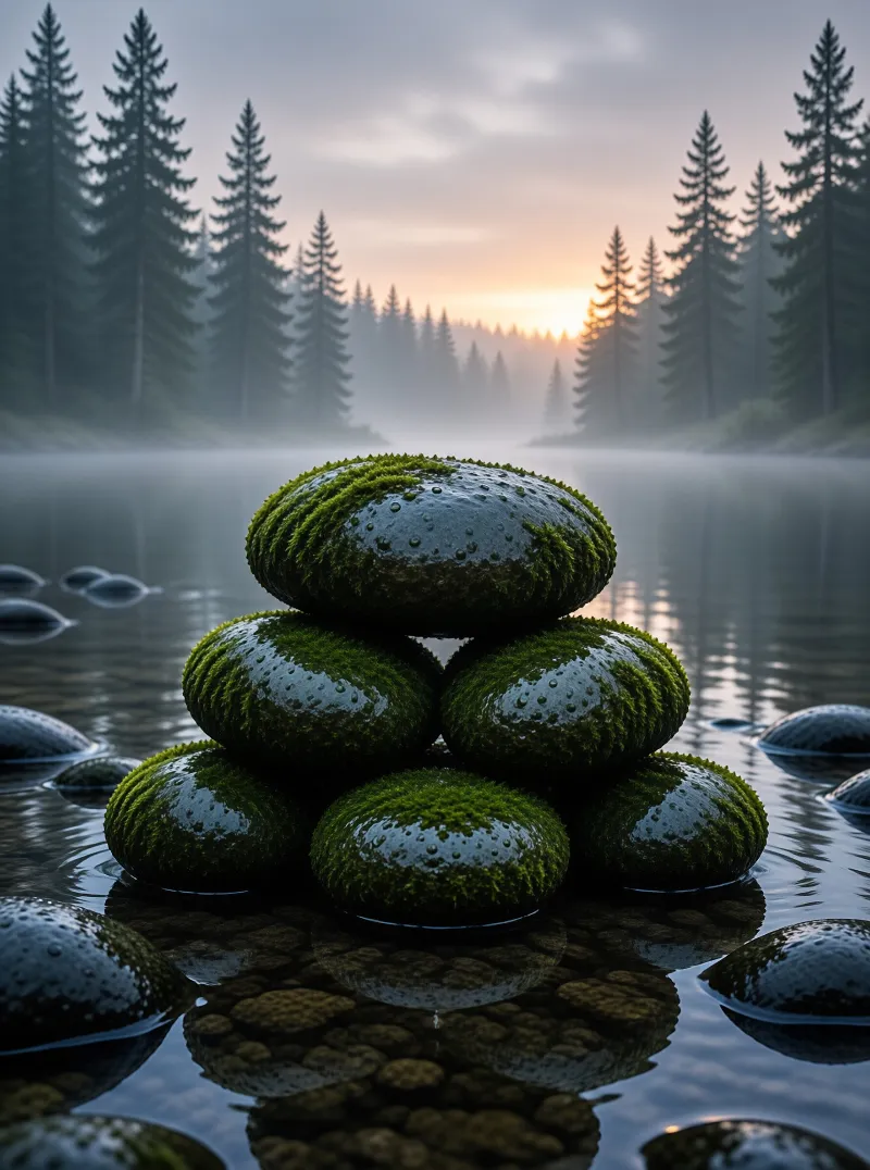 A stack of moss-covered stones rises from a calm forest lake under a soft sunrise glow