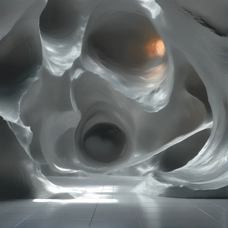 Surreal organic salt cavern with swirling curved walls rises above smooth tiled flooring, warm orange glow visible in its upper interior opening.