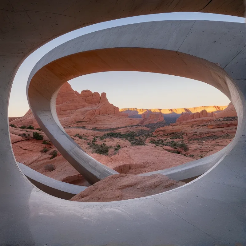 A smooth white architectural curve creates a window view of an arid canyon landscape bathed in soft warm light.