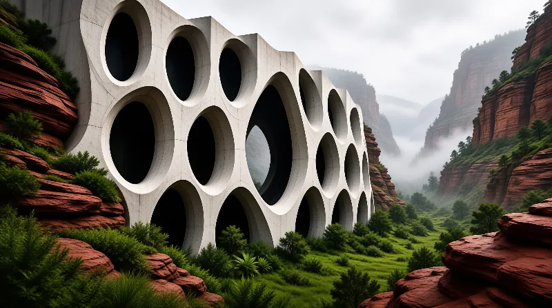 Massive white structure with circular holes sits in a foggy red rock canyon with green plants.