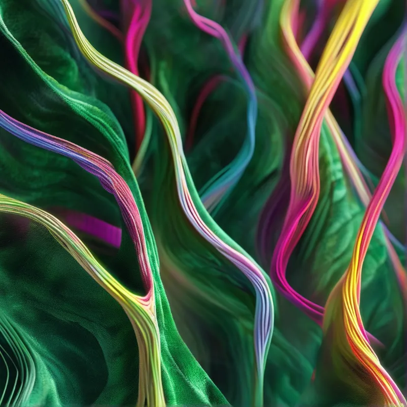 Deep green ridges ripple vertically while each crest catches shifting yellow, magenta and violet light against dark hollows.