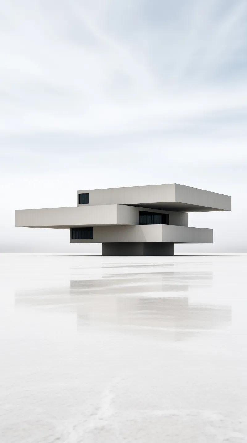 Stacked concrete blocks form a building isolated on a reflective white salt flat under an overcast sky.
