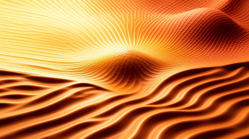 Rippling orange surfaces surround a central wireframe depression illuminated by intense warm light.