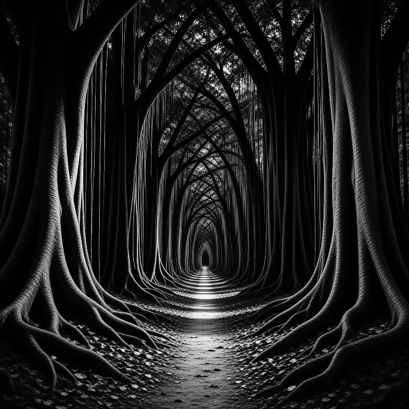 A monochrome view of a dense woodland passage where massive trunks curve inward to frame a glowing exit.