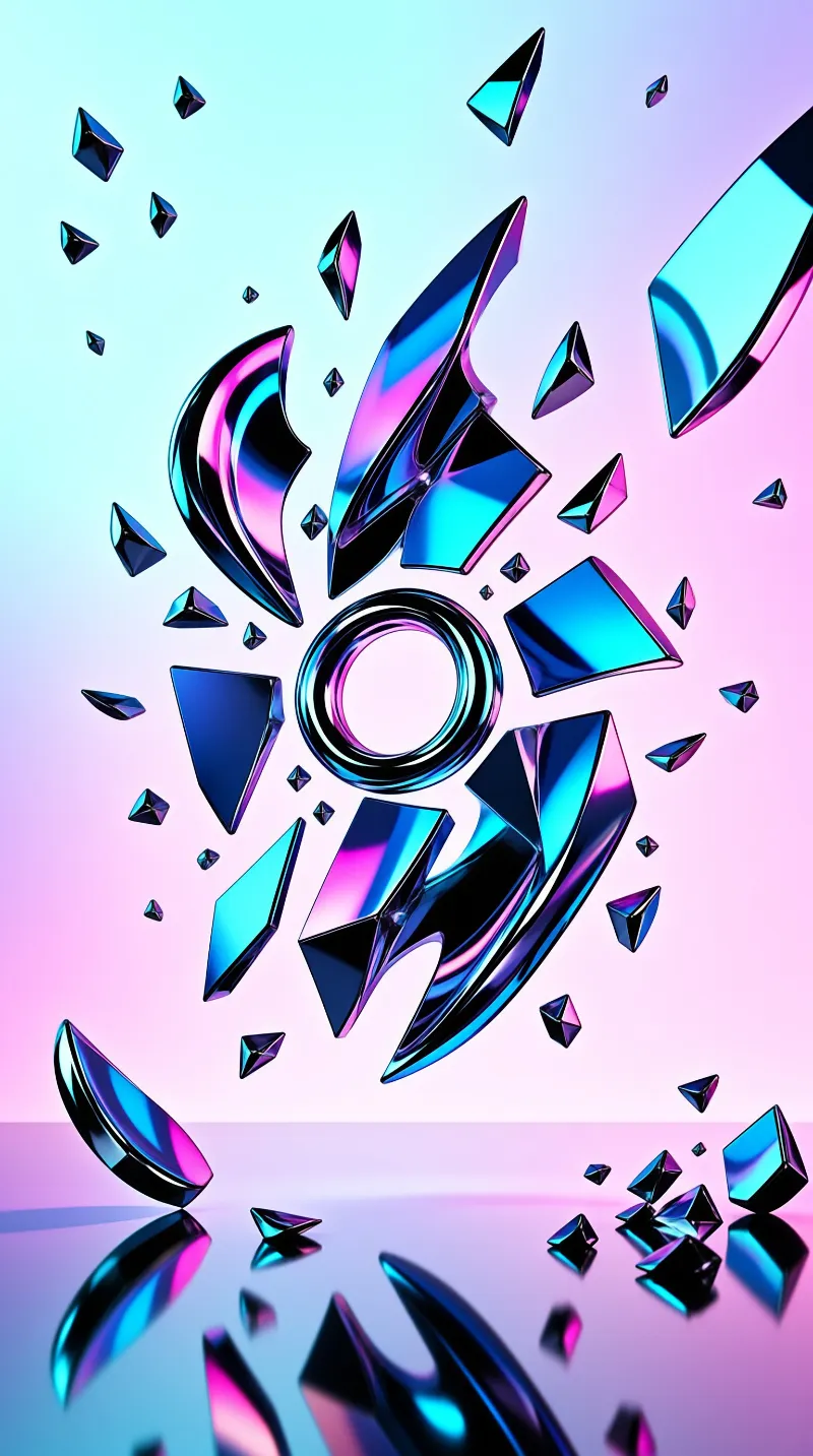 Reflective chrome fragments scatter dynamically across a smooth purple and blue gradient surface.
