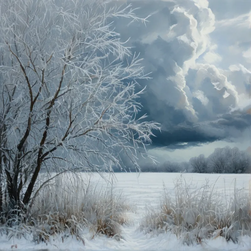 Icy frost covers bare birch branches in the left foreground with a misty frozen lake extending to fogged distant trees under moody clouded skies.