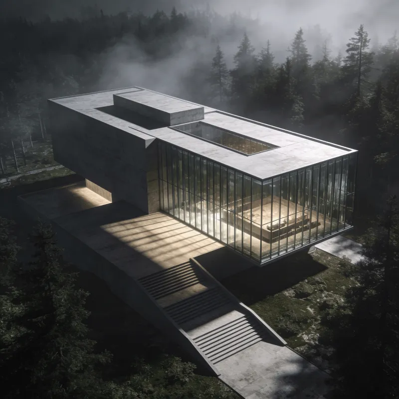 Museum with Glass Curtain Wall — Misty Forest